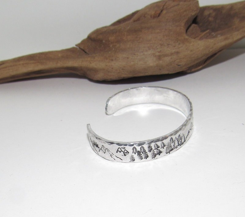 Mountain and tree theme stamped cuff bracelet, mountain lover gift, adjustable silver cuff, stamped jewelry, view 4