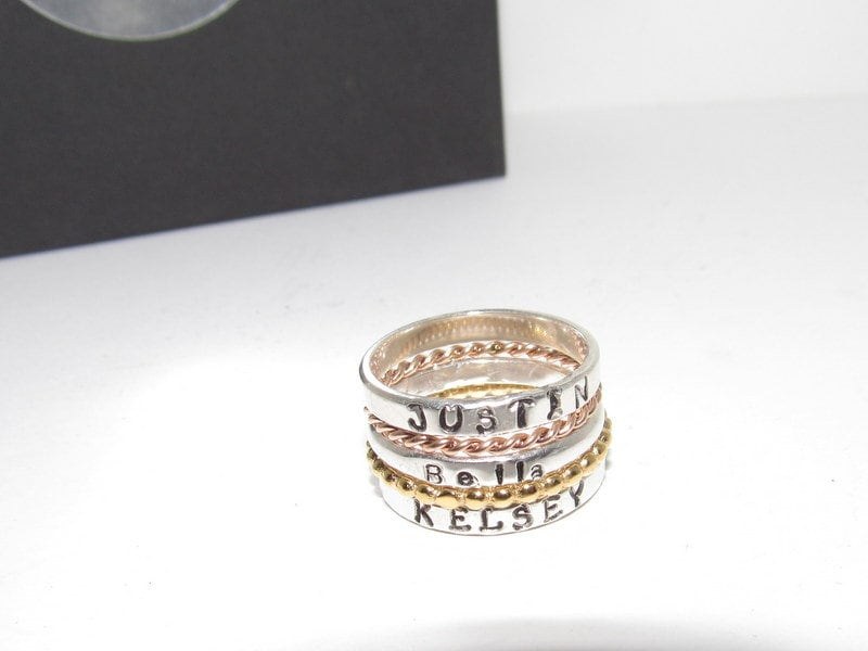skinny stacking name ring, custom personalized kids name jewelry, hand stamped jewelry for mom, Anniversary gift for mom