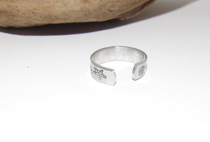 beach theme ring, Personalized Adjustable stamped ring, turtle lover stamped jewelry, boho beachring, view 2