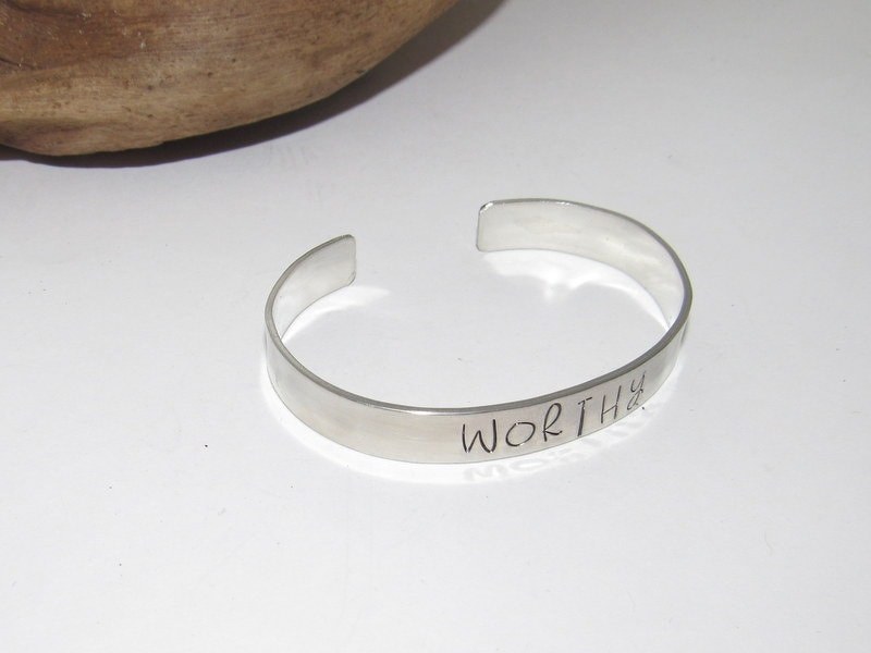 Worthy affirmation cuff bracelet, pewter jewelry, bridesmaid gifts, best friend gift, personalized bracelet for her, handstamped jewelry, view 2