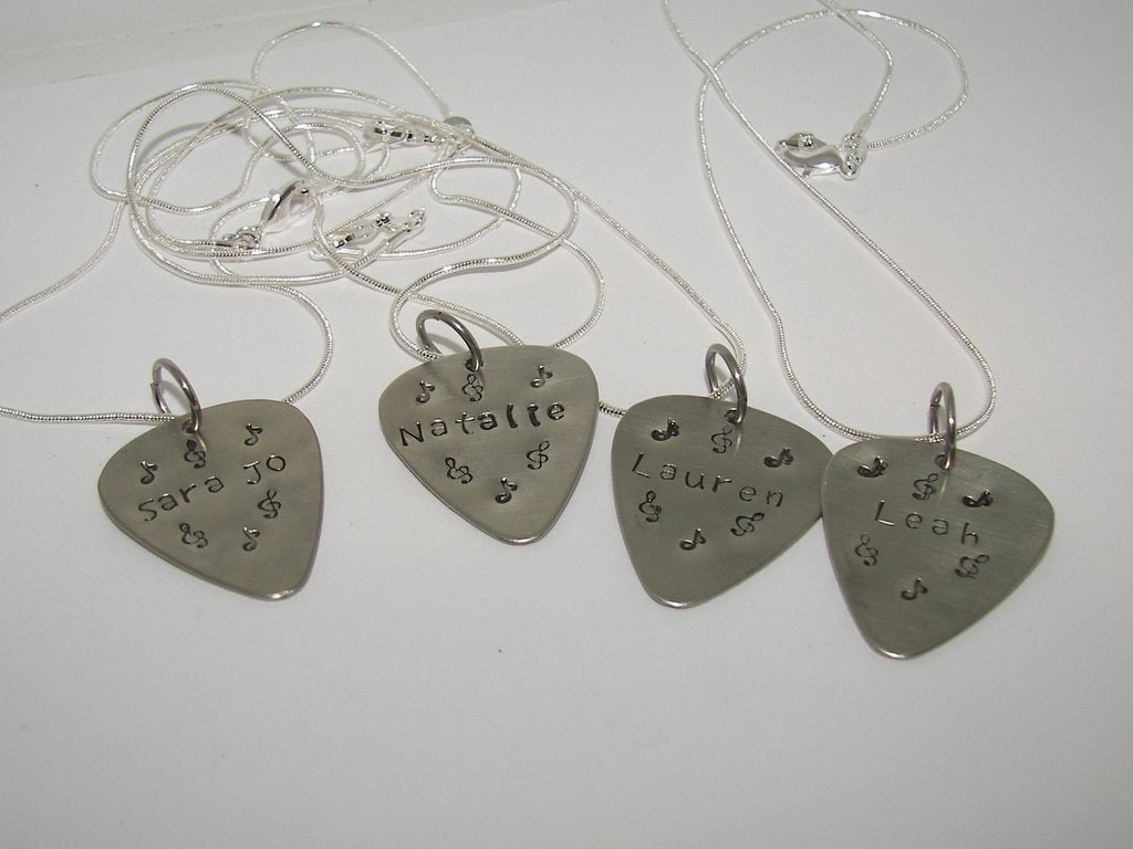 personalized guitar pick necklace , custom hand stamped jewelry , musician gift , pick your wording necklace, handstamped jewelry