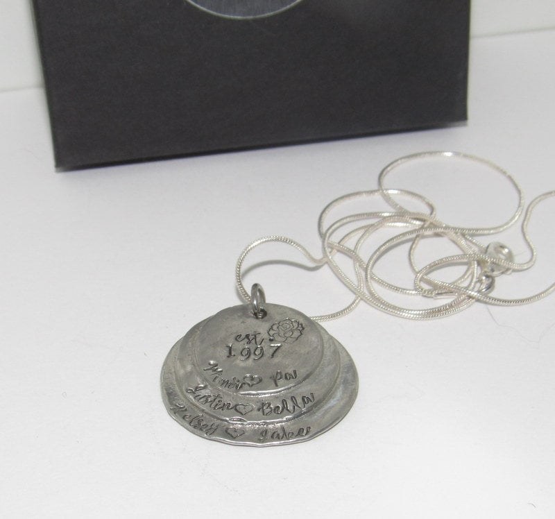 3 layer pewter mothers necklace with kids names, grandmothers necklace , custom hand stamped jewelry , personalized jewelry, view 3