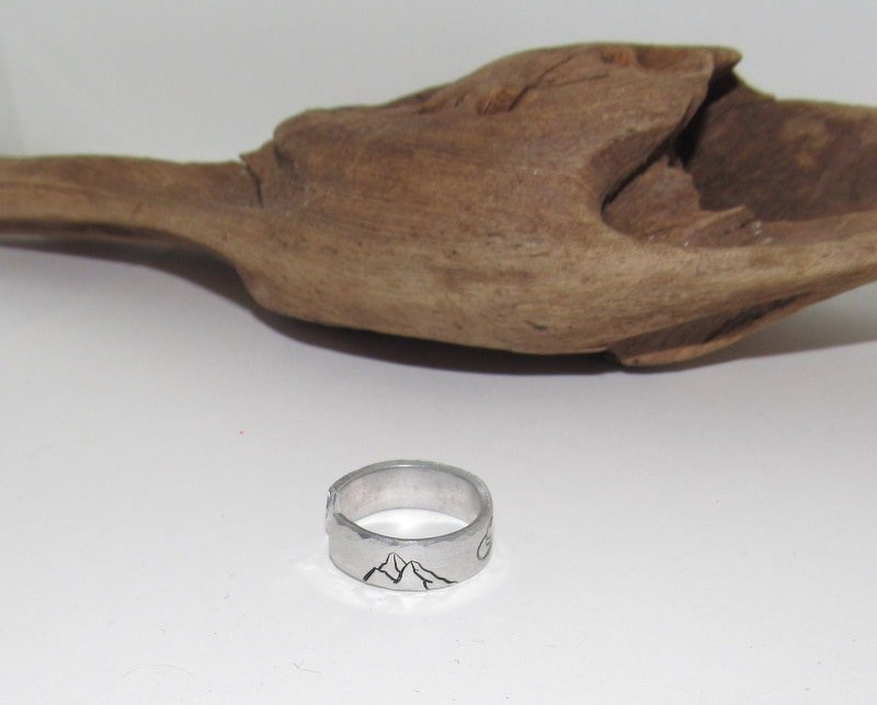 Western theme Personalized Adjustable stamped ring, inspiration rings, adjustable silver ring, stamped jewelry, boho mountain ring, view 4