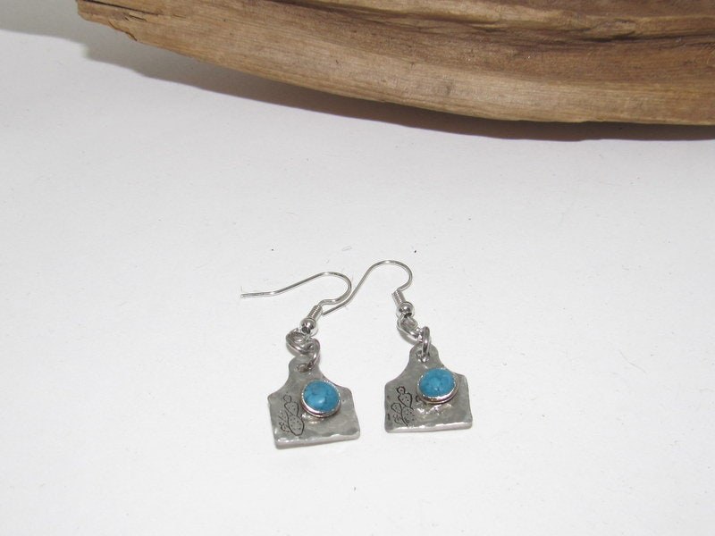 cow tag earrings, dangle drop earrings, farm animal jewelry, farm life jewelry , personalized earrings , stamped jewelry, bff cow lover gift, view 3