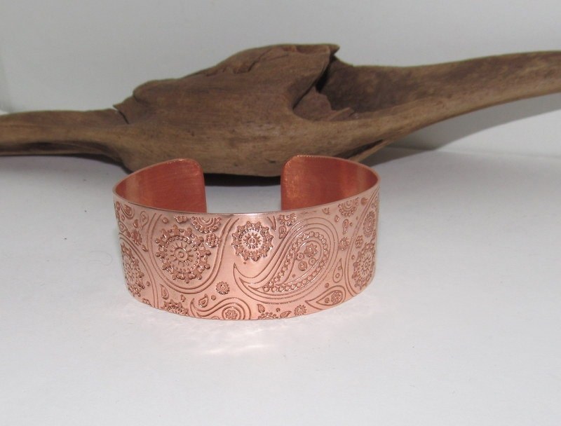 Copper Paisley Floral Print Embossed Cuff, boho paisley jewelry, personalized cuff bracelet, Bff gift, western jewelry cuff,