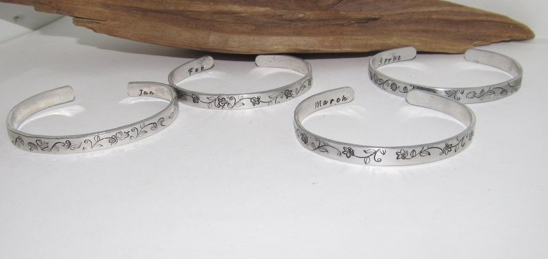 Skinny stacking Birth flower bracelet gift for mom, Mothers stamped personalized jewelry, brides maids gifts, nature flower jewelry, view 5