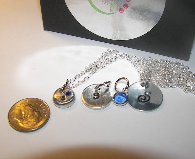 Personalized pewter tiny initial necklace with birthstone, kids name necklace, mothers initial necklace, custom hand stamped jewelry, view 5
