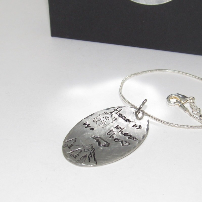 Pewter Home is where the heart is necklace, personalized jewelry for mom , Mothers custom hand stamped jewelry, handstamped jewelry, view 7