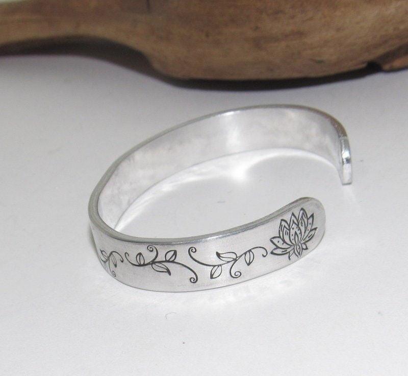 Sterling silver Lotus flower bracelet, Personalized plant Adjustable stamped cuff bracelet, pewter cuff, stamped jewelry,, view 5