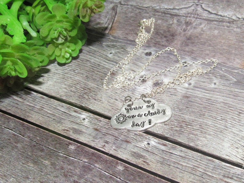 You are my sunshine on a cloudy day necklace, personalized pewter silver stamped jewelry, custom stamped jewelry, mother daughter necklace, view 3