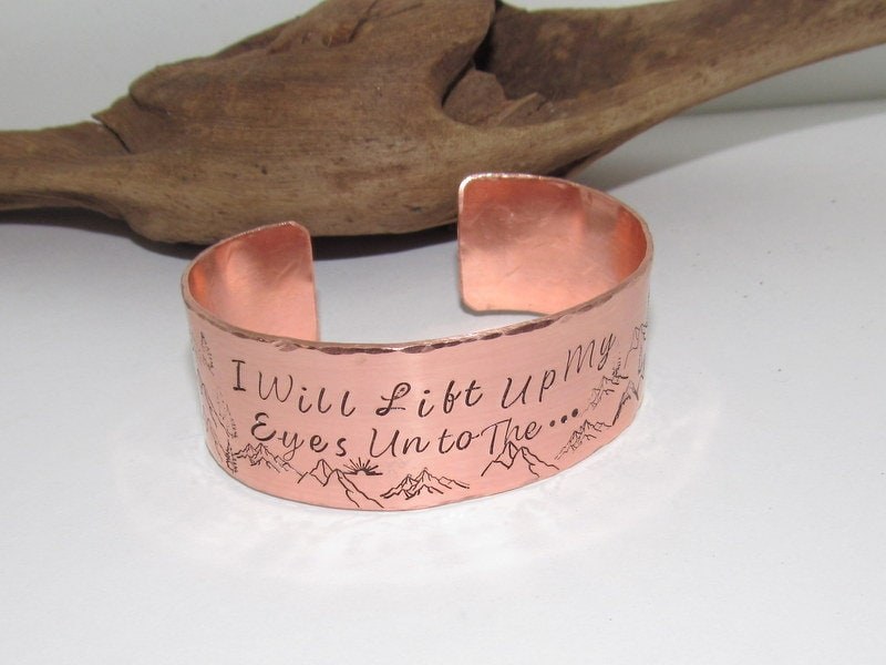 I will lift up my eyes, Wide copper Mountain bracelet with trees, adjustable copper cuff, stamped copper cuff bracelet,