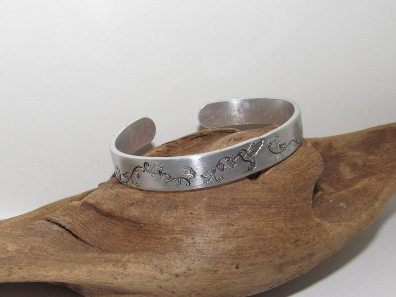 Sterling silver humming bird bracelet, stamped jewelry, personalized jewelry, brides maids gifts, nature flower jewelry, view 4