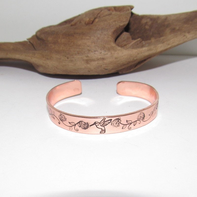ready to ship copper humming bird bracelet, stamped jewelry, personalized gifts for brides maids, nature flower jewelry