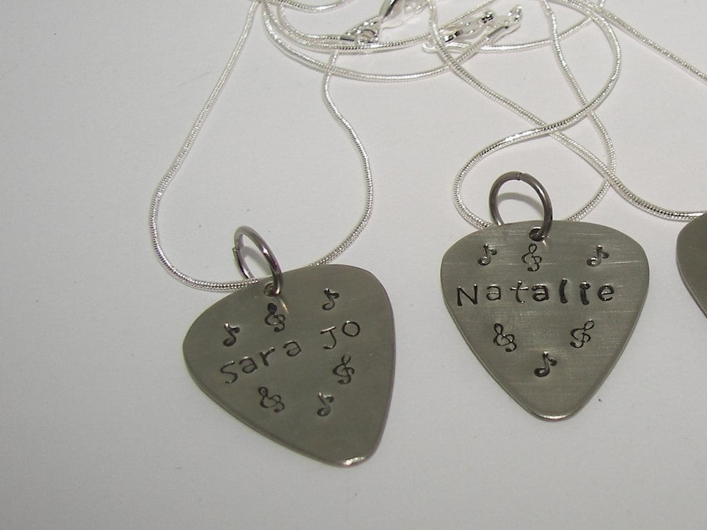 personalized guitar pick necklace , custom hand stamped jewelry , musician gift , pick your wording necklace, handstamped jewelry, view 3