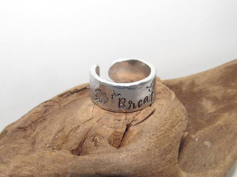Sterling silver Dandelion breath adjustable stamped ring, inspiration rings, adjustable silver ring, stamped jewelry, Personalized boho ring, view 7