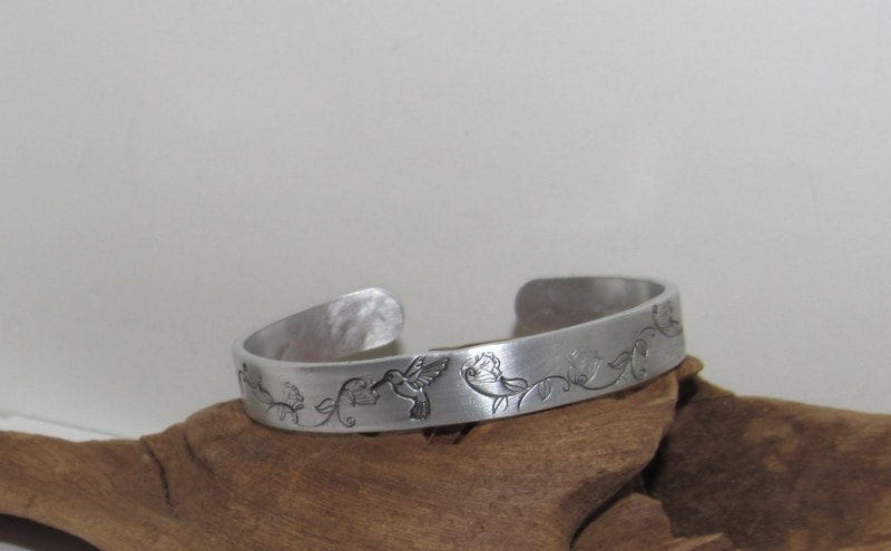 Sterling silver humming bird bracelet, stamped jewelry, personalized jewelry, brides maids gifts, nature flower jewelry, view 5