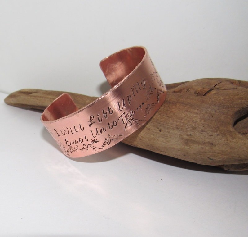 I will lift up my eyes, Wide copper Mountain bracelet with trees, adjustable copper cuff, stamped copper cuff bracelet,, view 7