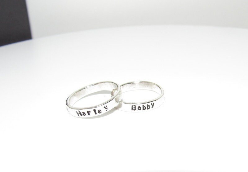 kids name stacking rings, silver stacking rings , Mother's stacking name rings, hand stamped personalized jewelry, handstamped jewelry, view 2
