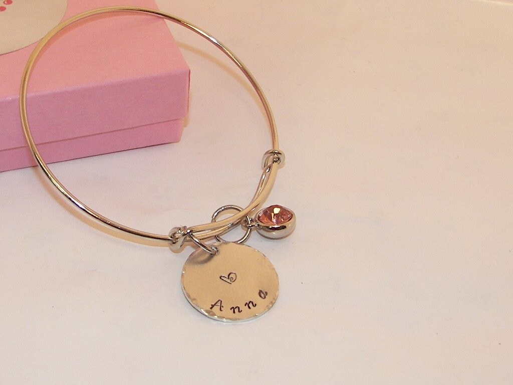 adjustable bangle charm bracelet with kids names and birthstones, personalized hand stamped jewelry bangle, custom handstamped jewelry, view 3