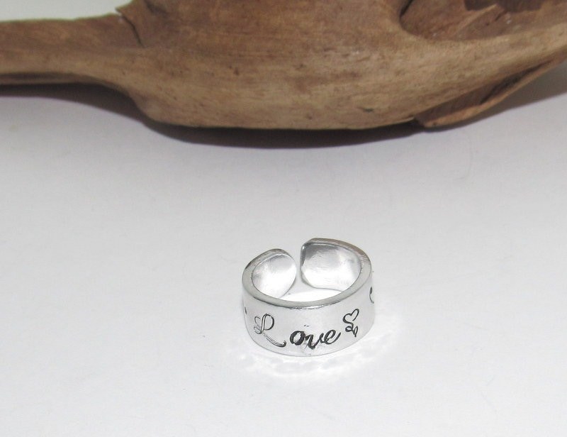 Love flower Adjustable stamped ring, Love heart aluminum ring, inspiration rings, adjustable silver ring, stamped jewelry,, view 2