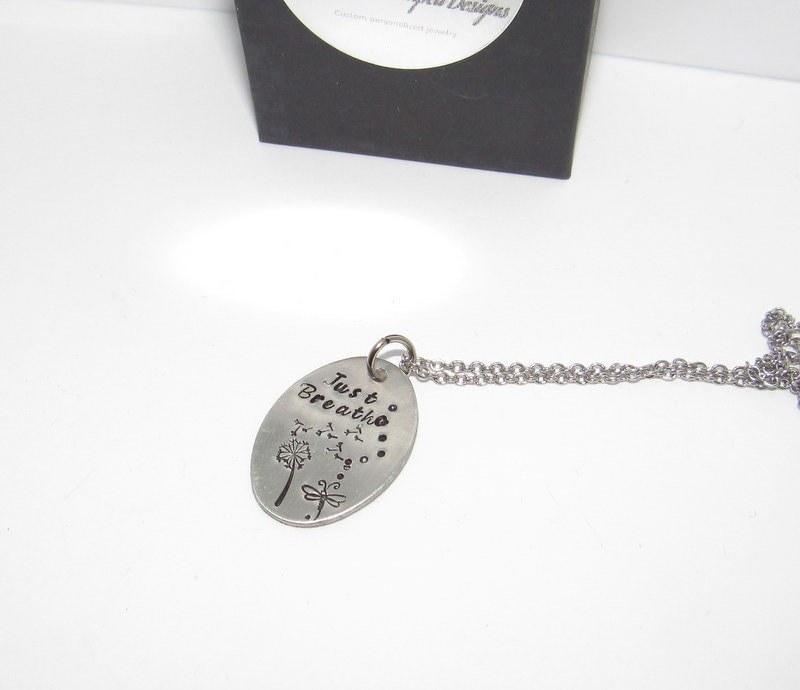 Just breathe dandelion necklace, dragonfly necklace, personalized jewelry for mom, Mothers custom hand stamped jewelry, handstamped jewelry