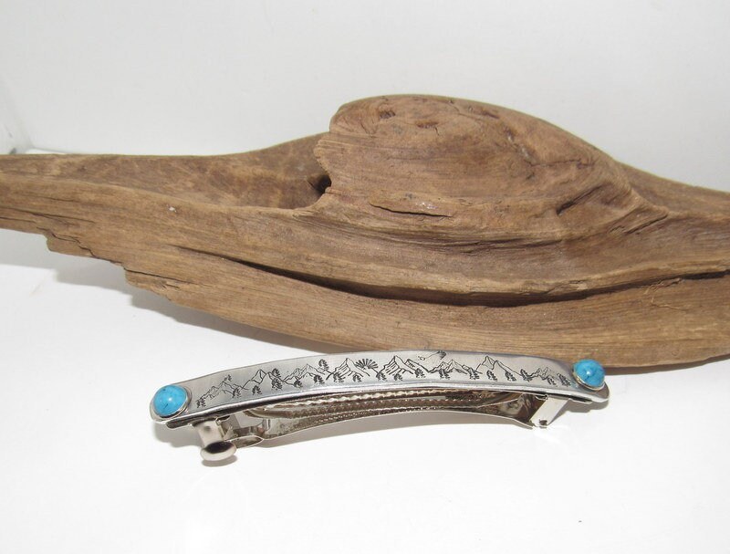 Boho-Chic Hand-Stamped Hair Accessory with a Western Flair , southwestern style hair clip ,Mountain country turquoise horse lover gift, view 2