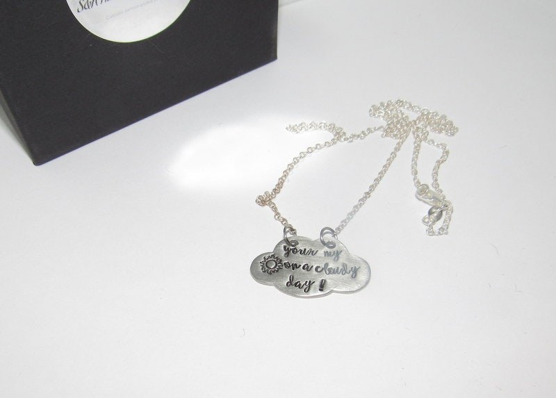 You are my sunshine on a cloudy day necklace, personalized pewter silver stamped jewelry, custom stamped jewelry, mother daughter necklace, view 5
