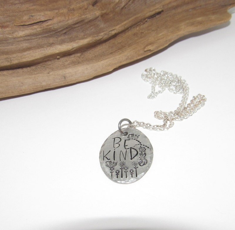 Pewter Be Kind necklace,reminder necklace, personalized jewelry for mom, Mothers custom hand stamped jewelry, view 3