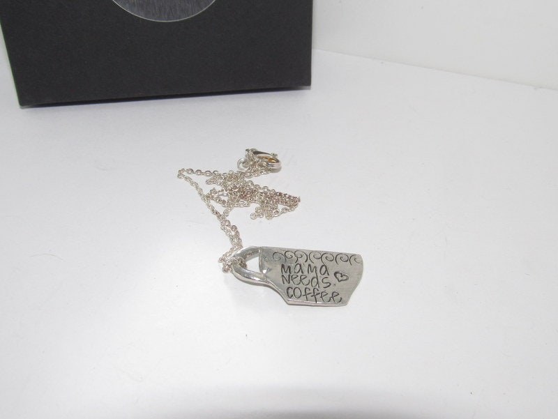 Mama needs coffee hand stamped pewter necklace, personalized coffee lover gift, custom stamped gift for mom, morning coffee gift, view 4