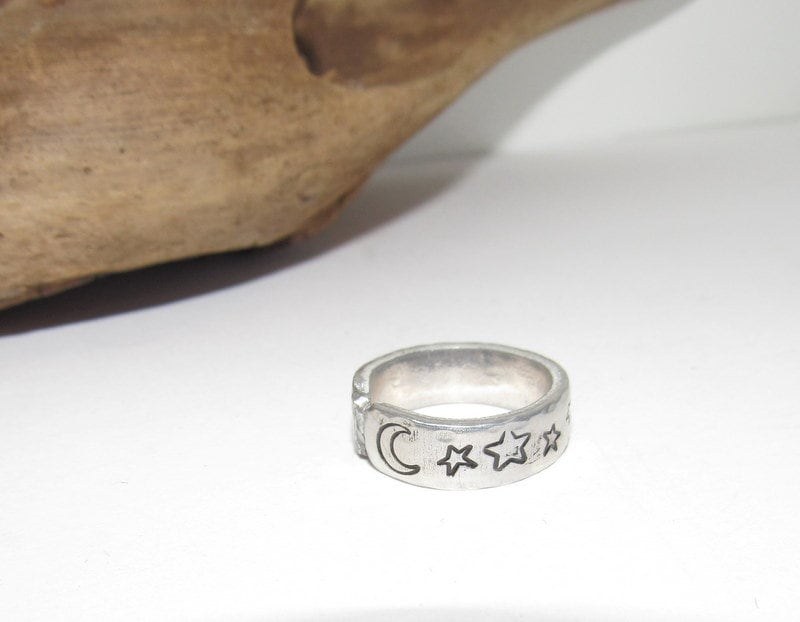 Moon and stars Personalized Adjustable stamped ring, inspiration rings, adjustable silver ring, stamped jewelry, boho moon ring, view 2