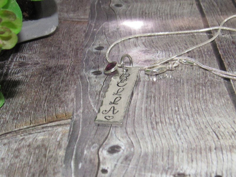 skinny pewter bar necklace with kids names, personalized jewelry for mom, mommy necklace for her, custom hand stamped jewelry, view 2