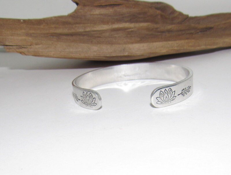 Lotus flower bracelet, Personalized plant Adjustable stamped cuff bracelet, pewter cuff, stamped jewelry,, view 2