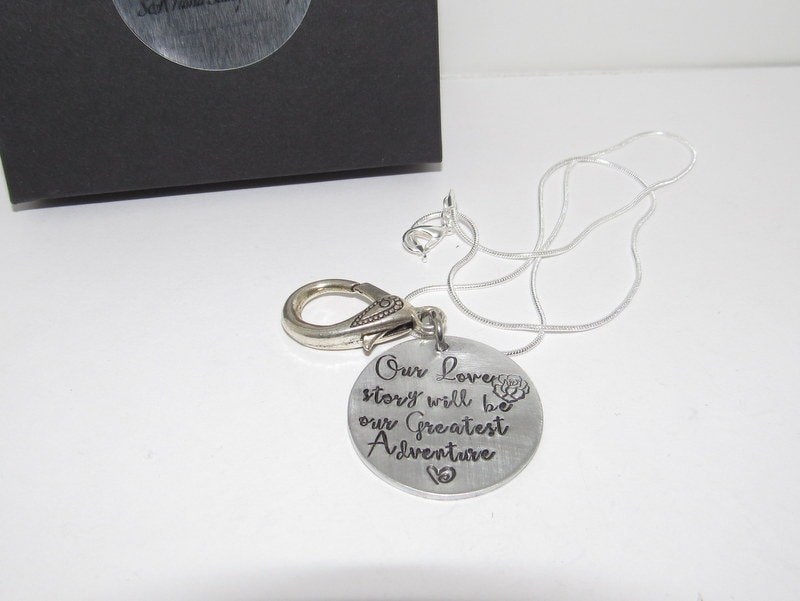 Our love story personalized Ring holder necklace , mother to be gift, hand stamped new mom or mommy to be necklace handstamped jewelry, view 5