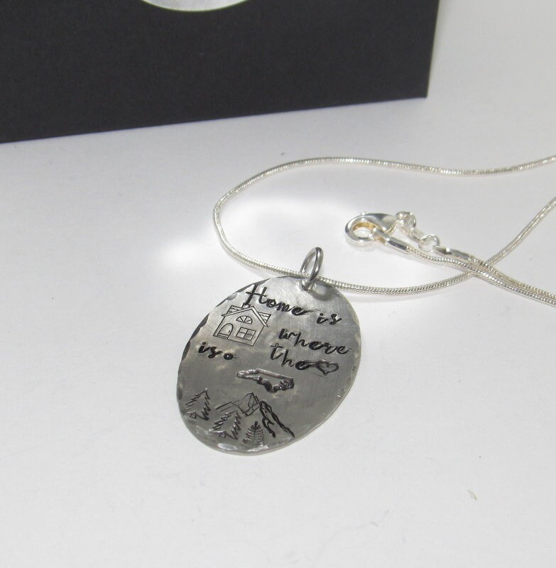 Pewter Home is where the heart is necklace, personalized jewelry for mom , Mothers custom hand stamped jewelry, handstamped jewelry, view 6
