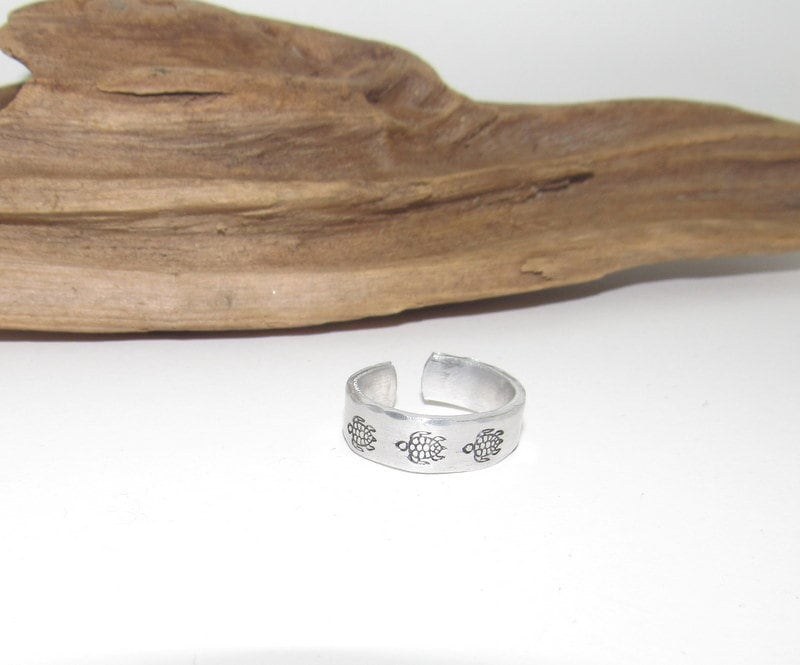 Stamped turtle ring, Personalized Adjustable stamped ring, turtle lover stamped jewelry, boho beachring, view 2