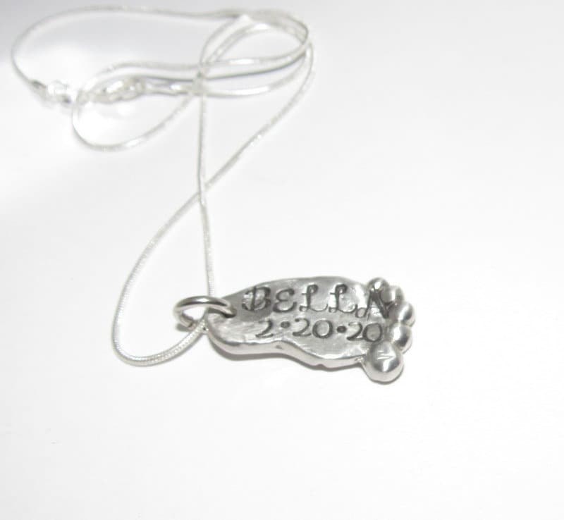 Baby foot necklace, Personalized pewter necklace, gift for new mom, name necklace, mothers necklace, custom hand stamped jewelry