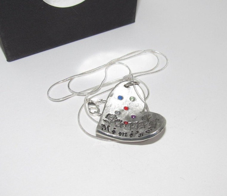 Personalized mom necklace with birthstone, Pewter family charm necklace, mothers jewelry, custom hand stamped jewelry gift for grandma, view 2