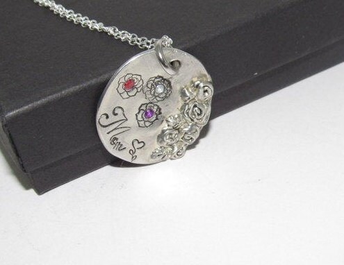 Personalized mom necklace with birthstone, Pewter family charm necklace, mothers jewelry, custom hand stamped jewelry gift for grandma, view 6