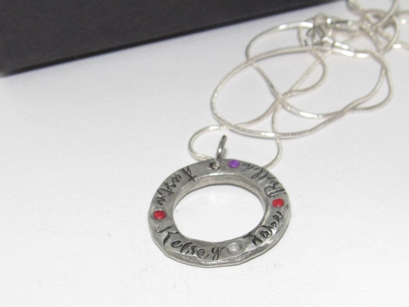 Personalized mom necklace with birthstone, Pewter family charm necklace, mothers jewelry, custom hand stamped jewelry gift for grandma