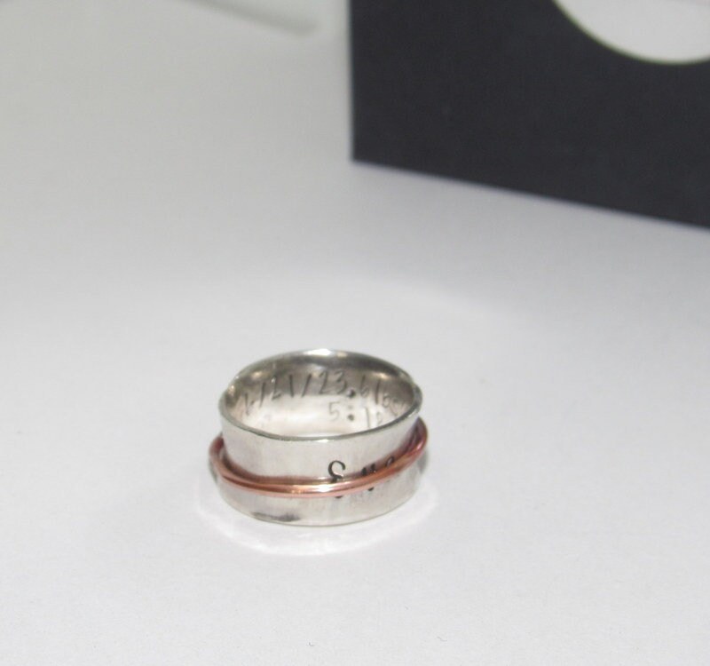 Sterling silver spinner ring, kids name and birthdate ring, personalized jewelry, hand stamped jewelry for mom, Anniversary gift for mom, view 4