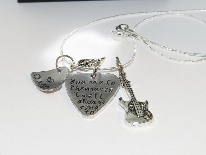 Pewter jewelry , The music I sing to memorial guitar pick necklace, personalized jewelry , custom hand stamped jewelry, handstamped jewelry, view 5