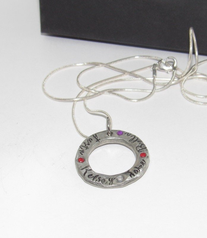 Personalized mom necklace with birthstone, Pewter family charm necklace, mothers jewelry, custom hand stamped jewelry gift for grandma, view 4