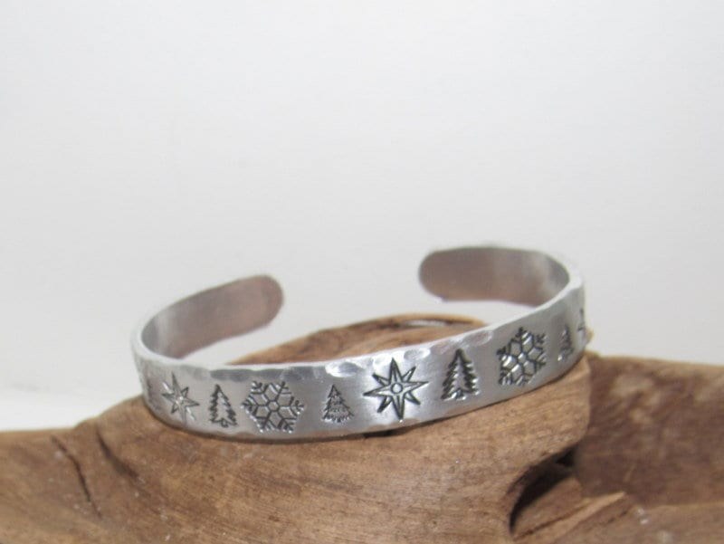 Christmas snow flake ring and bracelet set, adjustable ring, tree adjustable cuff, stamped jewelry, stocking stuffer bracelet, view 5
