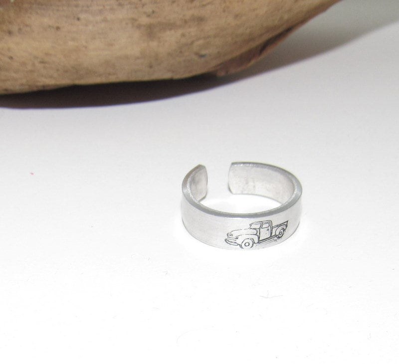 Old truck ring, little red truck ring, Personalized Adjustable stamped ring, truck lover stamped jewelry, boho ring, view 2