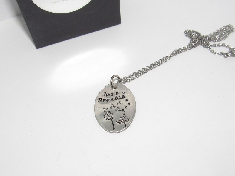 Just breathe dandelion necklace, dragonfly necklace, personalized jewelry for mom, Mothers custom hand stamped jewelry, handstamped jewelry, view 4