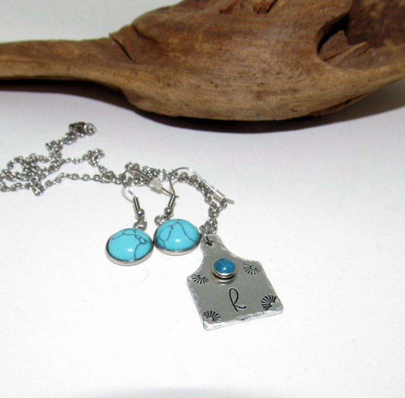 Initial necklace and earring set , personalized necklace pendant, Boho western theme necklace, western jewelry for her, pendant necklace, view 3