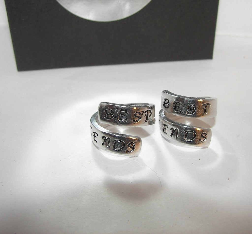 Best friends pewter rings, wrap ring, stamped girlfriend rings, going away gift for friend, stocking stuffer gifts, gifts for sisters, view 2