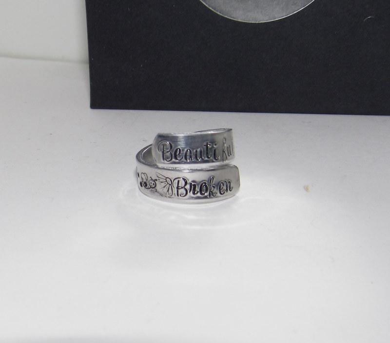 Beautifully broken daily inspiration rings, Silver wrap ring hand stamped jewelry , custom personalized rings,