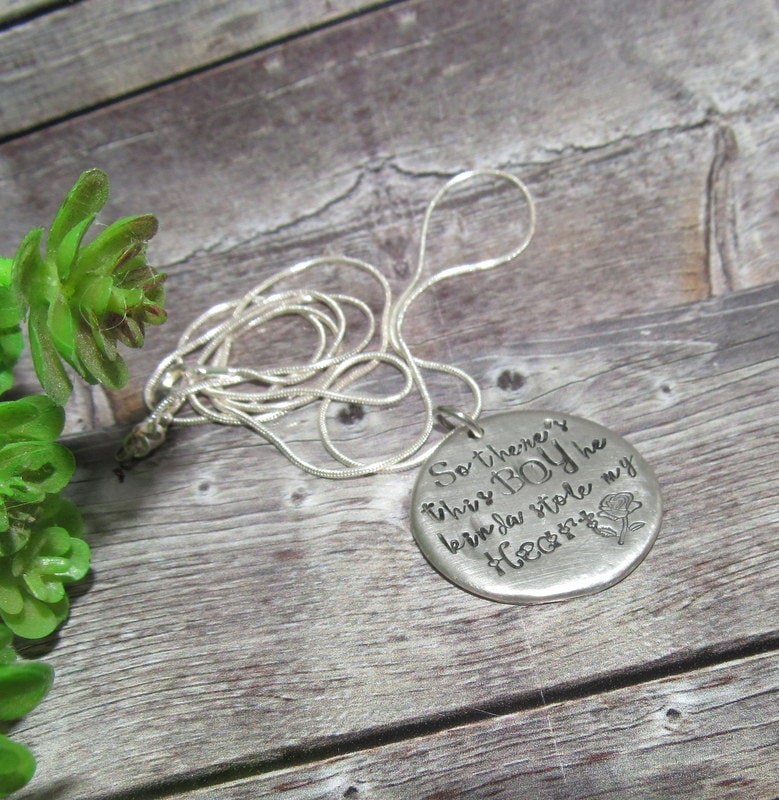 SoThere's This Boy Who Stole My Heart, pewter mom necklace with kids names, Personalized custom hand stamped jewelry gift for grandma, view 6