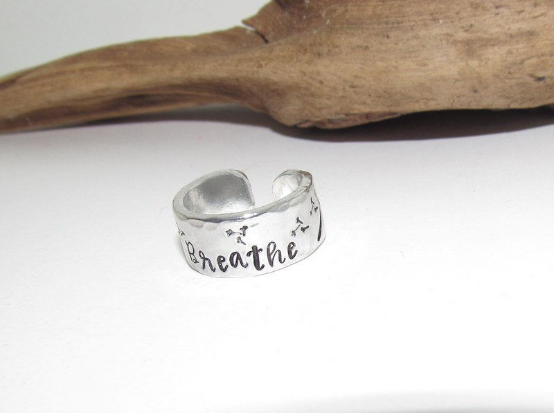 Sterling silver Dandelion breath adjustable stamped ring, inspiration rings, adjustable silver ring, stamped jewelry, Personalized boho ring, view 3